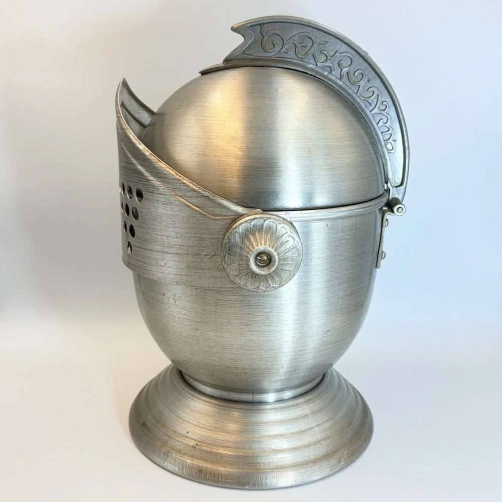 Vintage Knight Helmet Ice Bucket Aluminum Medieval Barware Silver Tone Insulated